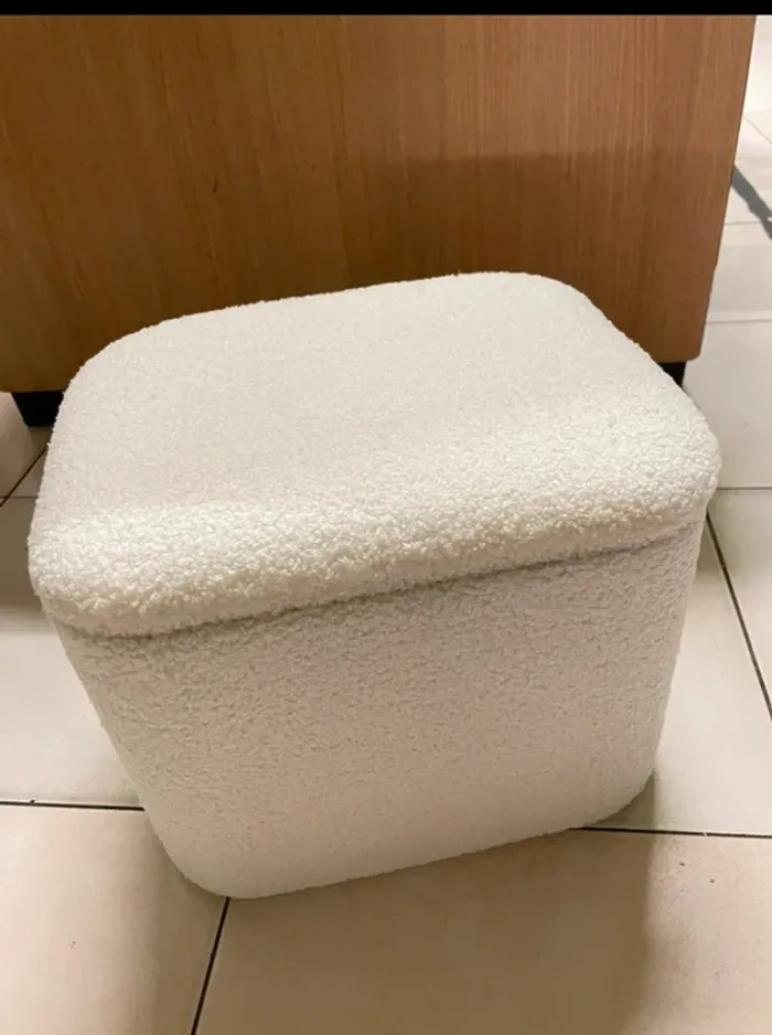 Pouf blanc avec coffre casa tissu bouclette - photo numéro 3