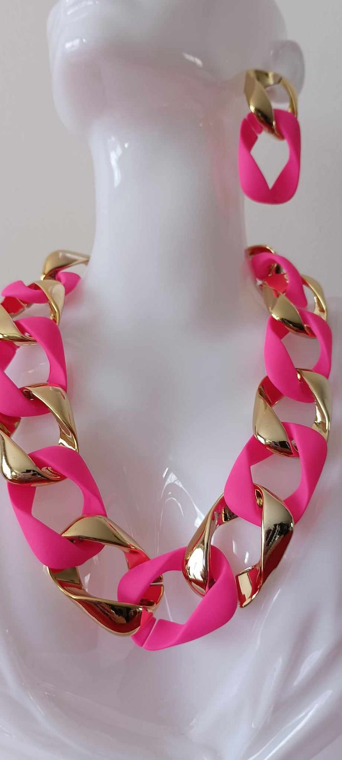 Collier et boucles d'oreilles fantaisies roses et dorés en Acrylique - photo numéro 4