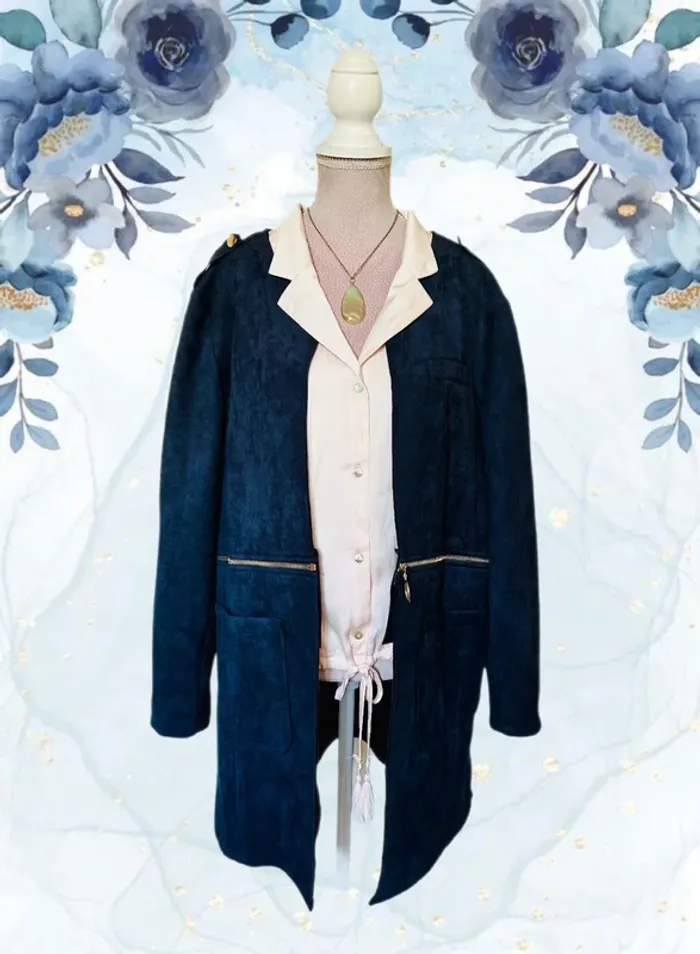 💙Veste vintage bohème 2-en-1 Carnaby mi-longue ou courte Taille 42/XL Versatile navy suede jacket💙 - photo numéro 2