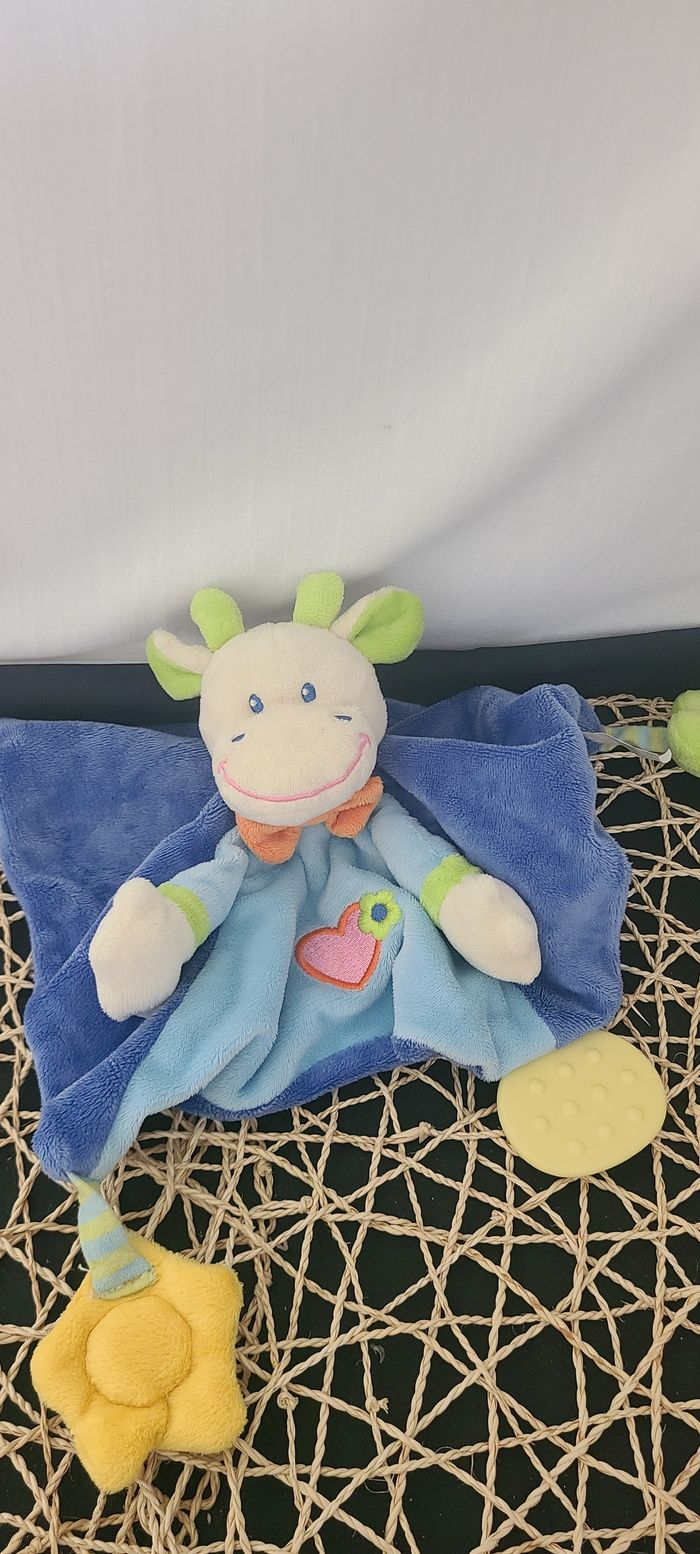 Doudou plat girafe vache bleu fleur coeur SIDJ - photo numéro 2