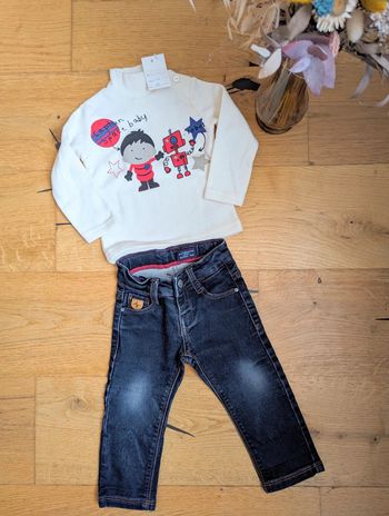 Ensemble Haut effet molletonné + Jeans 12 mois