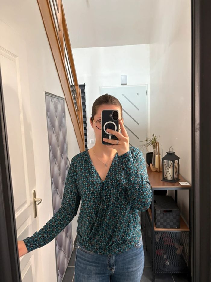Blouse manches longues bleu / vert à motifs Cache Cache M très bon état