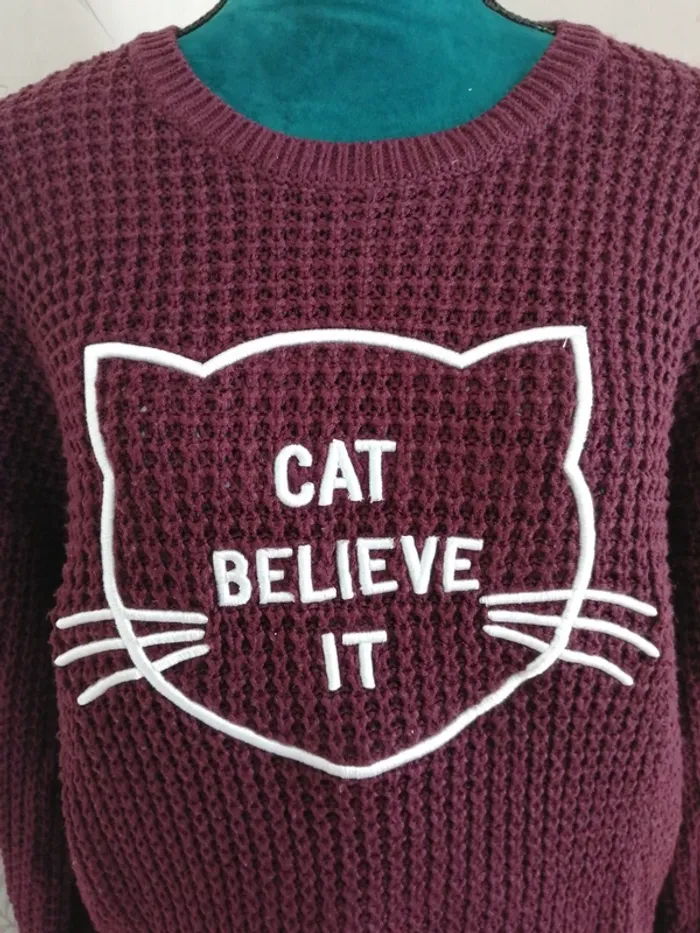 Pull bordeaux en maille avec message et tête de chat brodé / fb sister / (M) - photo numéro 4