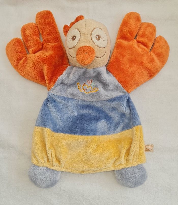 Doudou marionnette autruche bleu , jaune et orange -Noukies