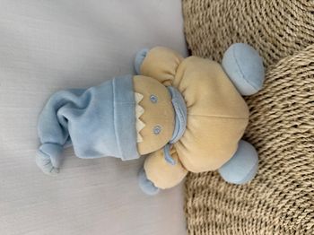 Peluche vintage lutin NICOTOY beige bleu grelot clown garçon