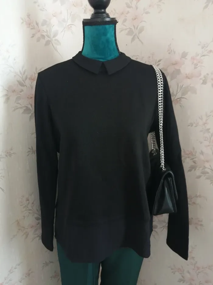 Pull fin noir avec col style chemise en crêpe et ouverture bouton / esmara / (42) - photo numéro 3