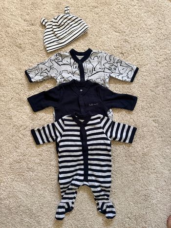 Lot 3 pyjamas bébé naissance coton + bonnet Orchestra 0 mois mixte neuf