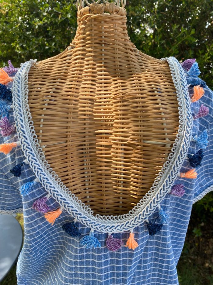 Robe été bleue et blanche à carreaux avec pompoms taille XS - photo numéro 4