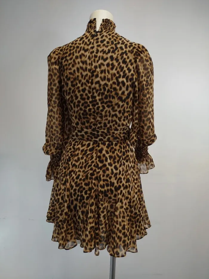 Robe Zara Léopard avec ceinture  XS Robe courte manches longues transparente print léopard A277 - photo numéro 3