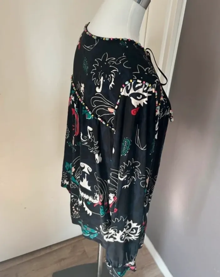 Bel air blouse bohème, chic, imprimé ethnique, 100 % soie femme, taille 2/38 - photo numéro 8
