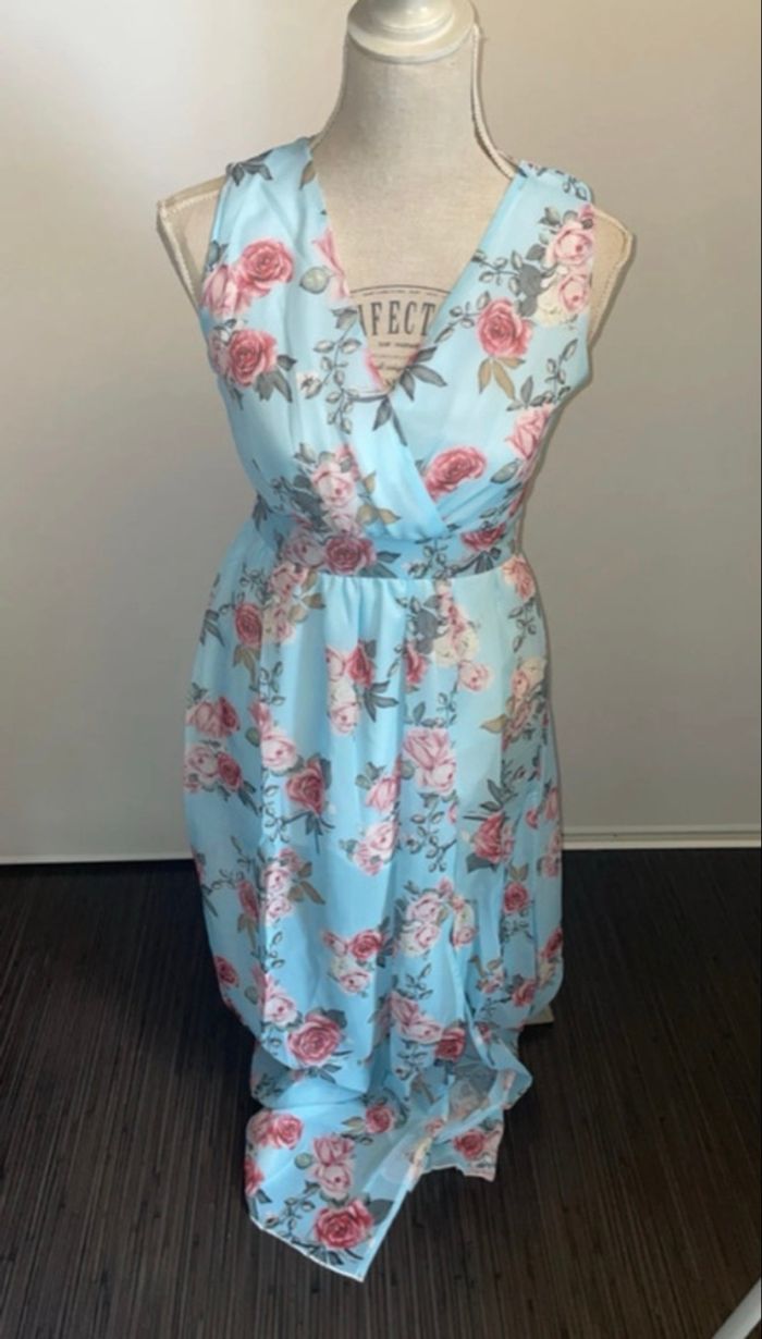 Robe longue fleurie - Taille S - Bleu ciel - photo numéro 2
