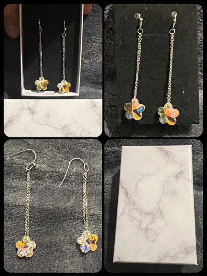 Boucle d’oreilles pendante pierre strass fleur bien braillant acier inoxydable argenté