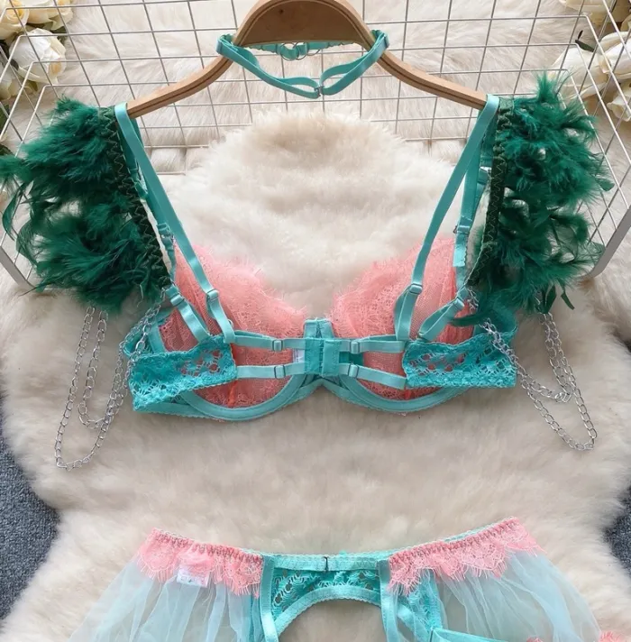 Ensemble lingerie dentelle turquoise & rose clair  – Neuf, Taille S - photo numéro 4