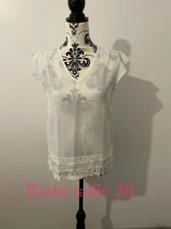 Blouse à manches courtes blanc col V dentelle crochet en bas neuf kiabi taille 36