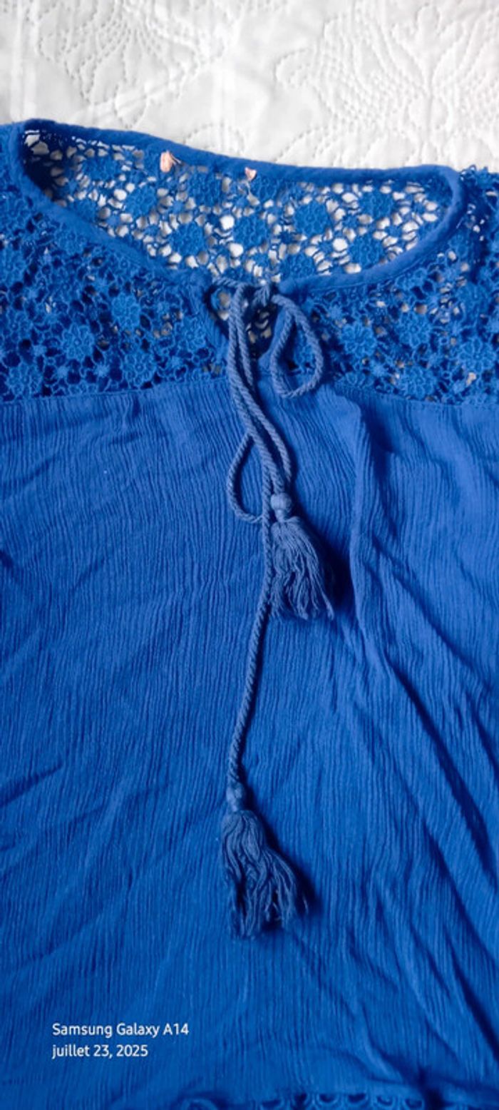 Blouse courte manches pagodes avec dentelle tissus plissé lien à pampilles bleu femme L - photo numéro 12