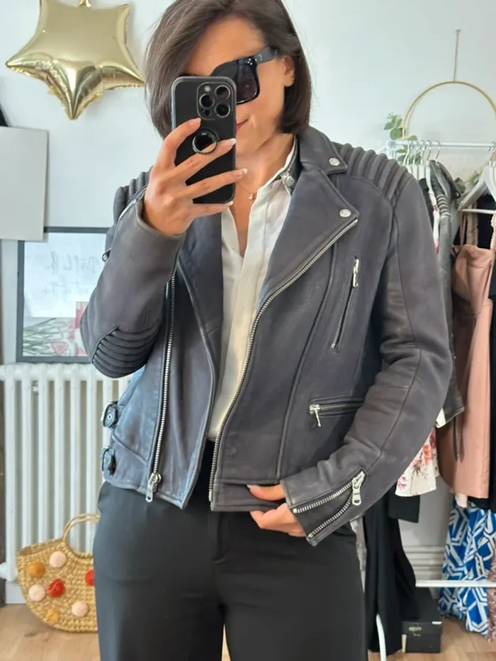 Perfecto The Kooples gris bleu taille 40 en daim