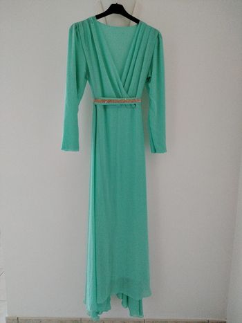 Robe de soirée longue vert menthe avec ceinture à nouer