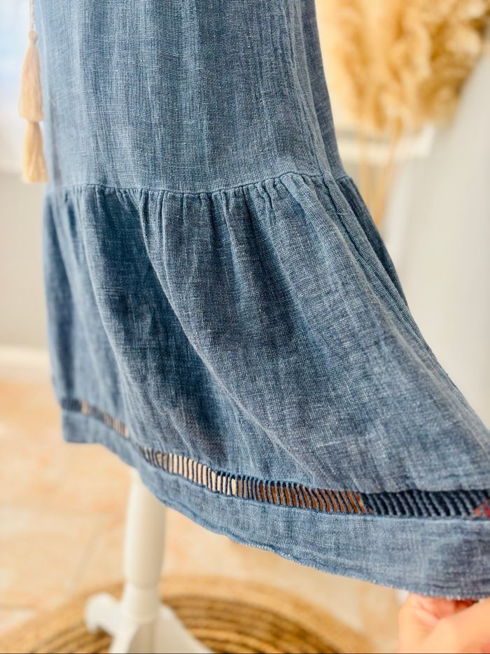 Robe bleue  bohème été coton et lin taille unique - photo numéro 5