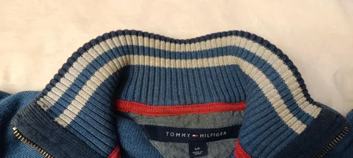 Pull Tommy Hilfiger homme col zippé bleu gris rouge style sport taille S - photo numéro 8