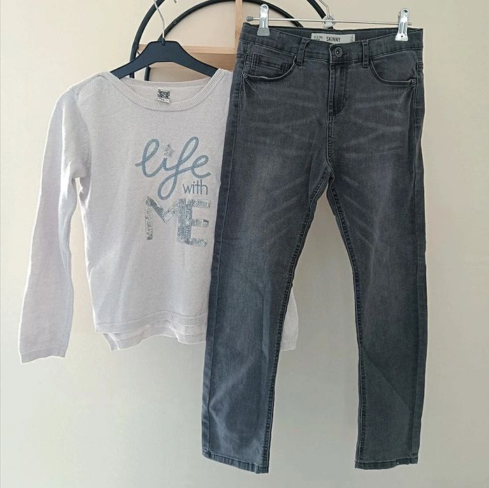 10 ans ensemble pull fin tape a l'oeil et jean skinny denim
