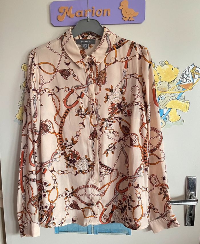 Chemise à manches longues abricot/rose pâle à motifs vintage, taille 38, marque Primark