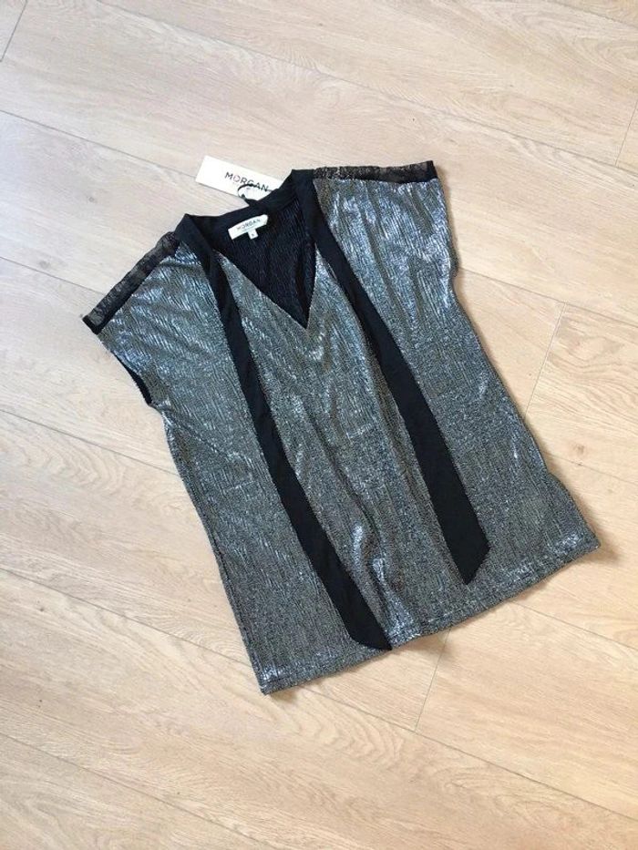 Blouse argentée et noire neuve à manches courtes avec dentelle Morgan taille XS (valeur 35€) - photo numéro 10