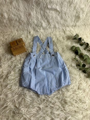 Salopette courte / barboteuse Vichy bleue et blanche Jacadi taille 6 mois