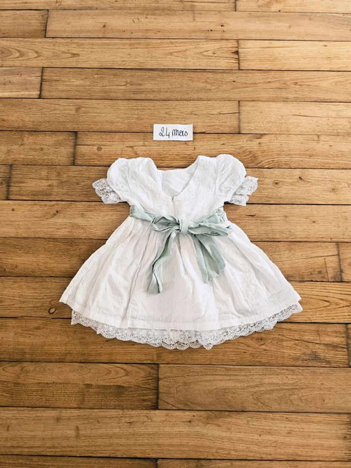 Tobe de cérémonie mariage baptême blanche vert sauge bébé fille 24 mois 2 ans - photo numéro 2