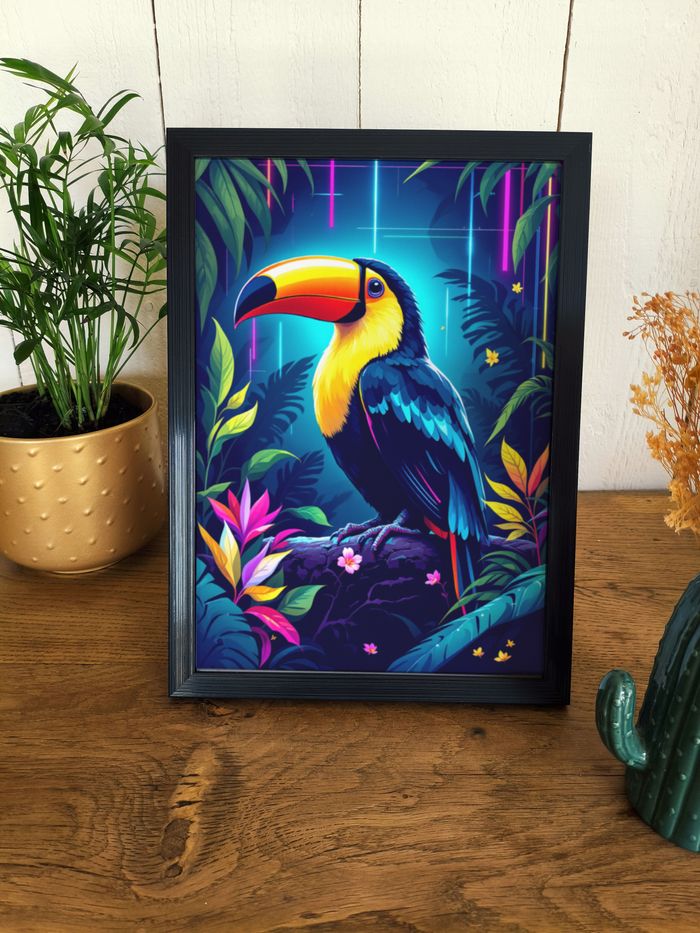 Affiche poster A4 (21×29,7 cm) toucan tropical coloré – déco murale jungle moderne salon chambre