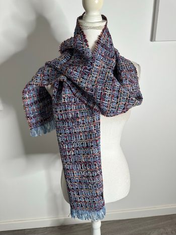 Écharpe châle en laine bleu et multicolore Vintage 27x170cm