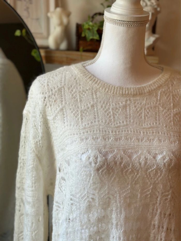 Pull blanc en maille fine ajourée en laine taille 42 - Promod - photo numéro 3