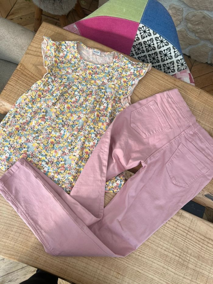 Ensemble 14 ans tape à l’œil t-shirt jean skinny rose jaune fleurs - photo numéro 2