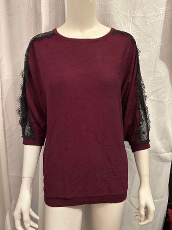 Pull rouge bordeaux manches 3/4 dentelle Gémo S 36