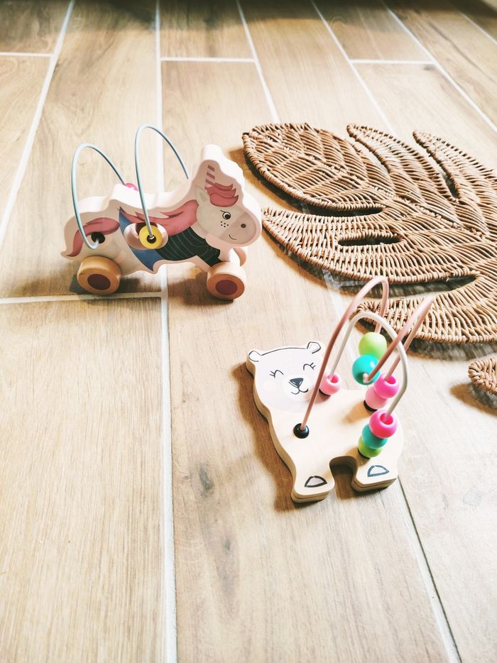 Lot de 2 bouliers ours et licorne en bois