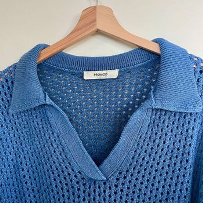 Pull ajouré bleu col polo Promod taille XL coton mélangé maille légère V061 - photo numéro 5