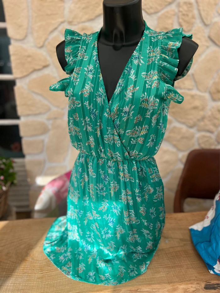 Robe femme rue des abesses taille 1 S :6 38 verte à fleurs en voilage - photo numéro 5