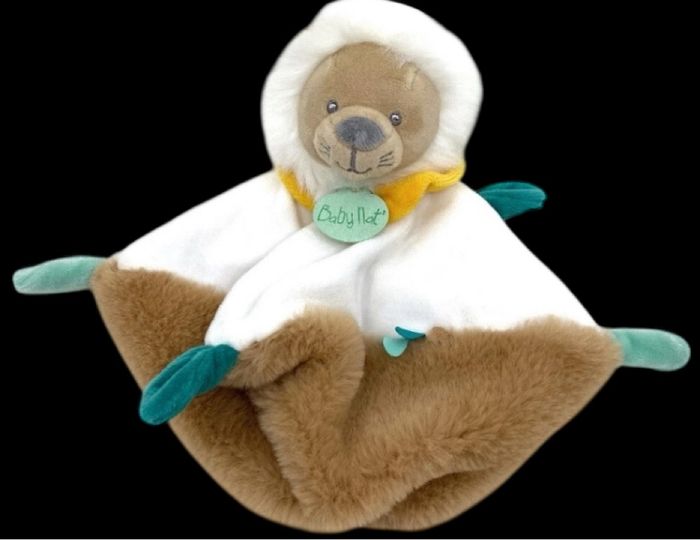 ❤️B2547 Doudou Plat Lion Maxou Mouchoir Blanc  Beige Jaune Bleu Baby Nat Babynat - photo numéro 2