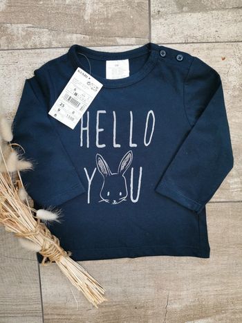 🌺Très joli Teeshirt manches longue hello you lapin bleu marine bébé mixte Neuf 6mois