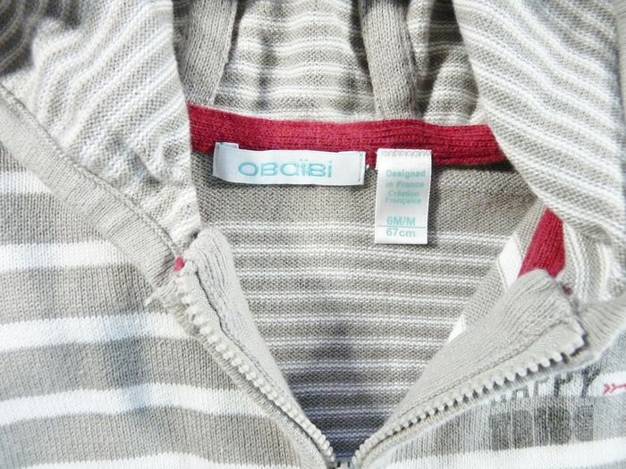 Gilet cardigan zippé capuche tricot fin gris blanc rayé tipi Obaïbi 6 mois 67 cm garçon - photo numéro 2