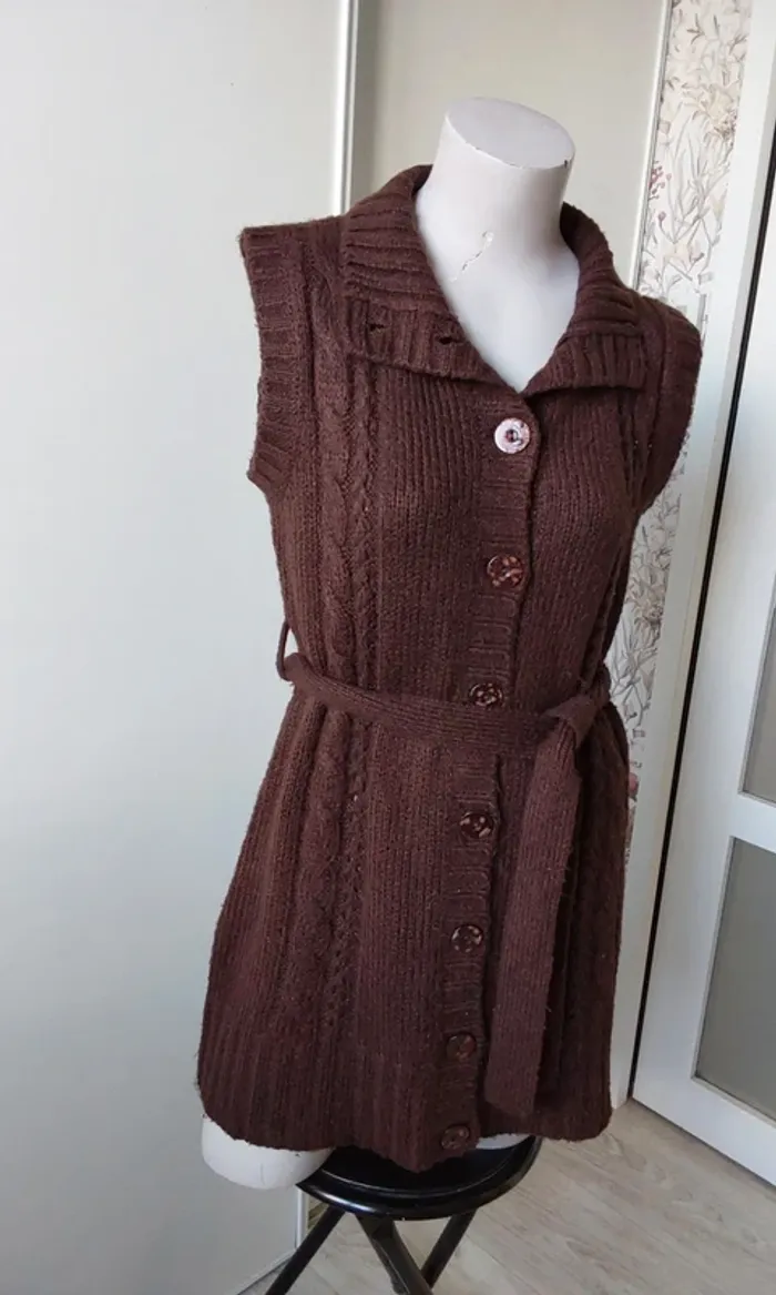 Veste sans manche mohair acrylique mi saison marron T 40 Avec ceinture - photo numéro 3
