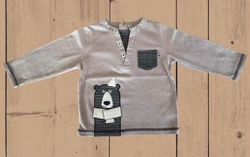 Pull fin ML garçon – 12 mois – Gris – Motif ours – Bon état