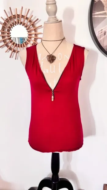 💕 top rouge à fermeture éclaire doré taille unique