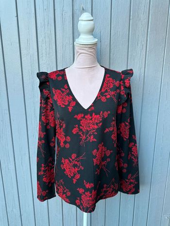 Blouse manches longues été noir rouge fleurie motifs japonais