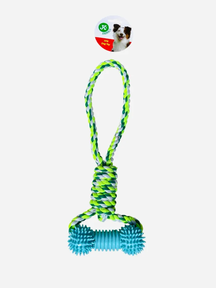 Jouet pour chien JK Animals en corde tressée + os à picots en caoutchouc TPR bleu 34,5 cm Neuf