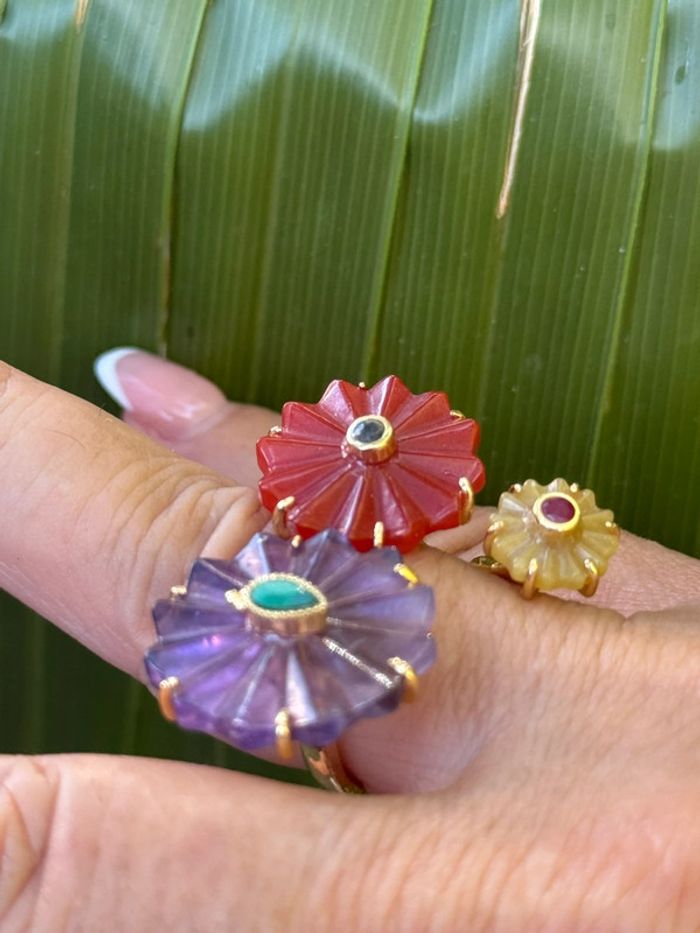 Sublime grande bague réglable habaha Paris fleurs pierres jaspe tournaline  améthyste - photo numéro 2