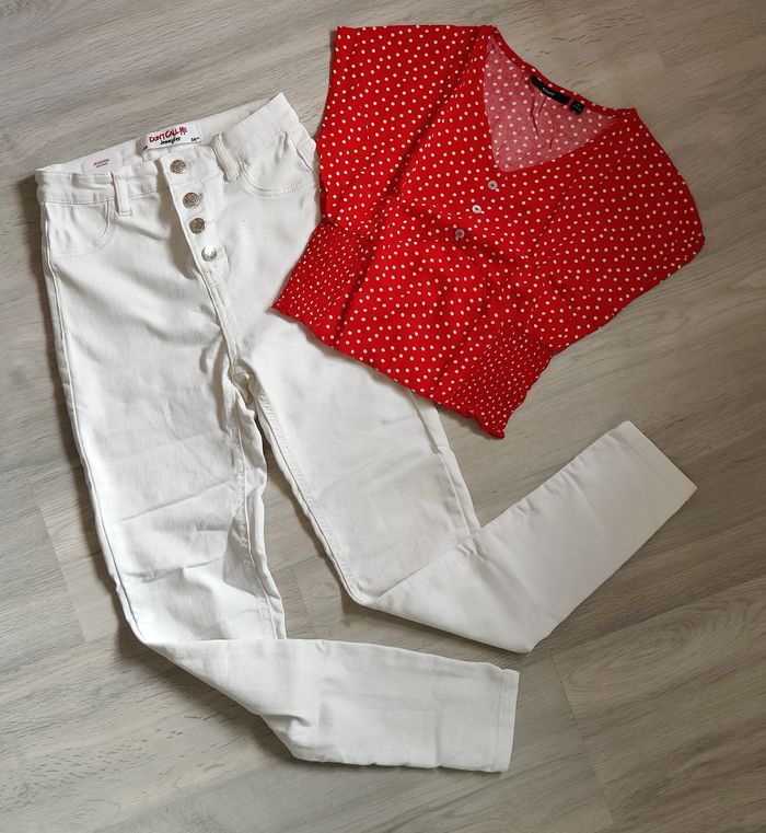 Ensemble pantalon slim jegging taille haute et top à pois Jennyfer Kiabi Taille 34-XS