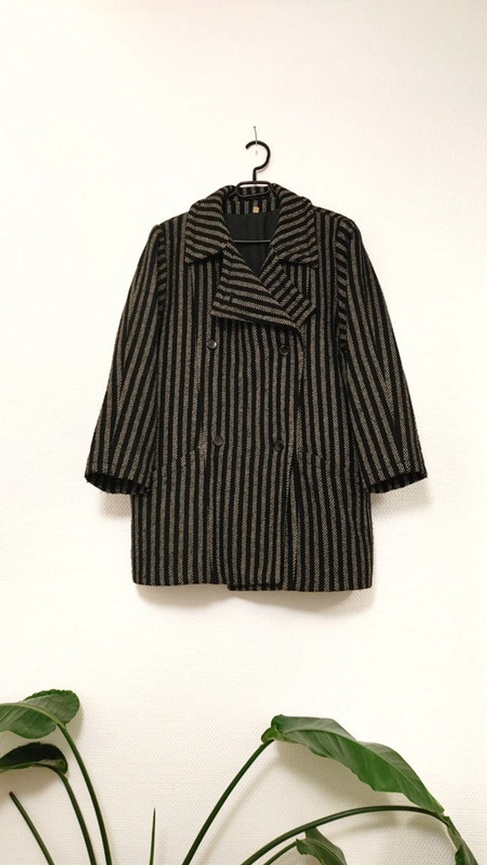 Veste manteau vintage en laine mélanger motif chevron rayé noir - photo numéro 3