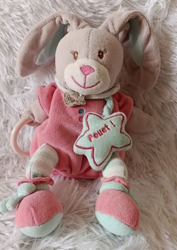 Doudou lapin  pantin d activités - Gris, rose et bleu - Baby Nat 