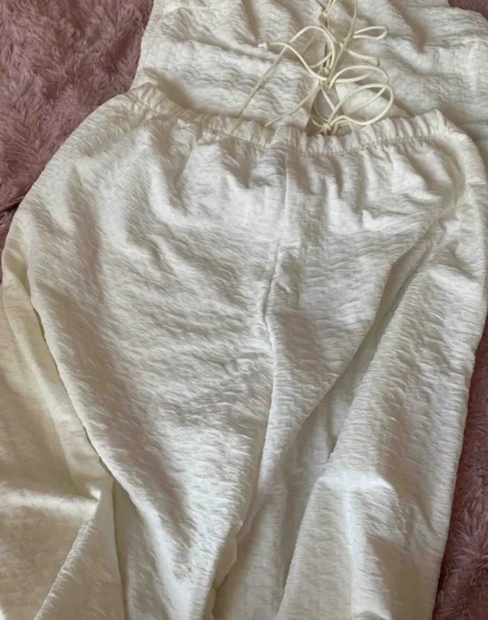 Ensemble Femme Deux Pièces Blanc Gaufré Bohème - Taille XL Neuf Jamais Porté - photo numéro 4