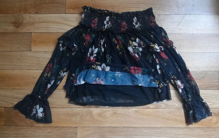 Top noir à fleurs Taille Européenne XS - photo numéro 2